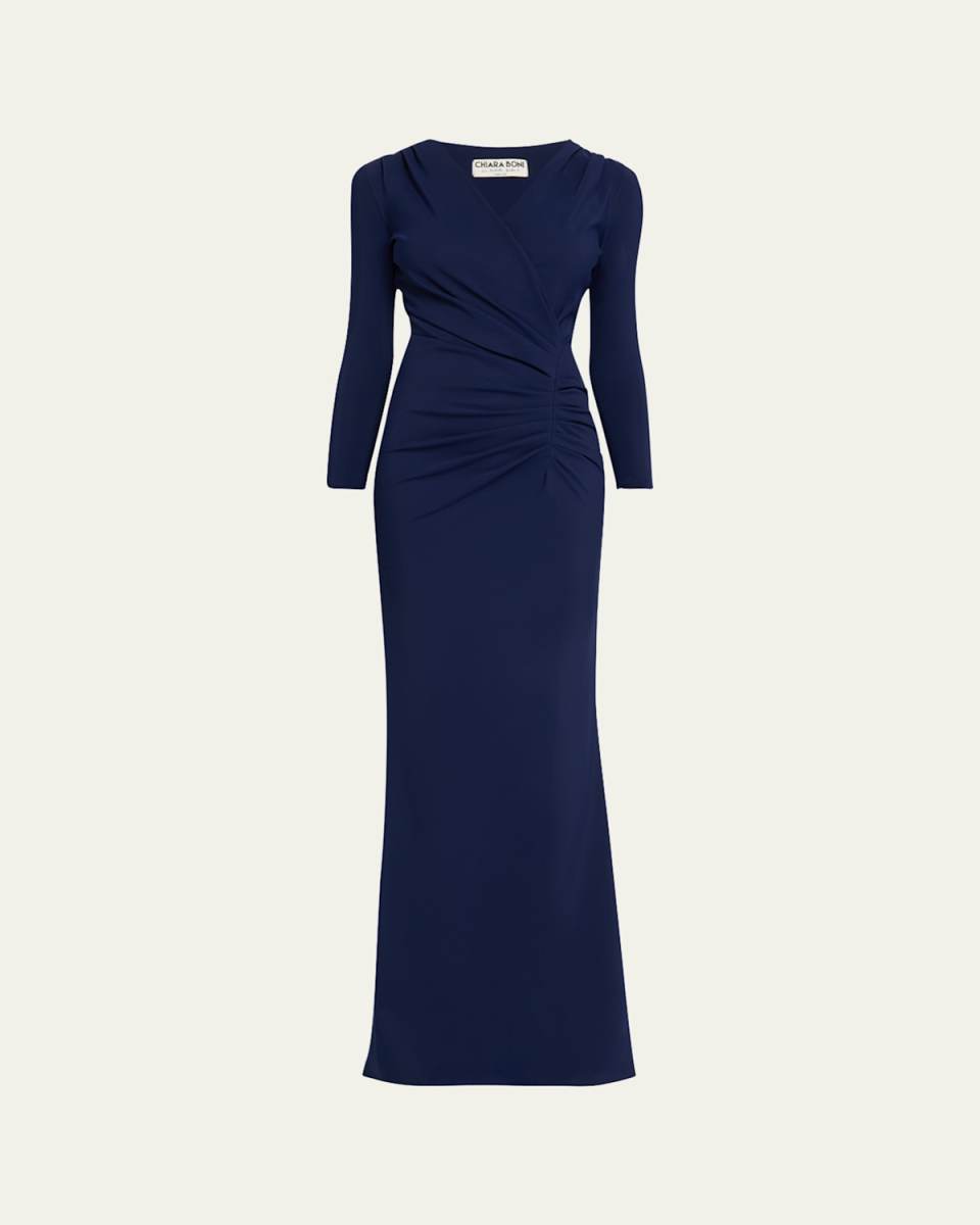 Ruched 3/4-Sleeve Column Gown